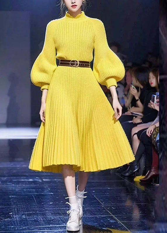 Yellow Tunic Cotton Knit Sweater Dress Lantern Sleeve