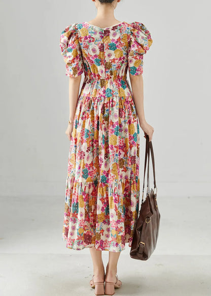 Puff Sleeve Print Cotton Maxi Dresses Summer