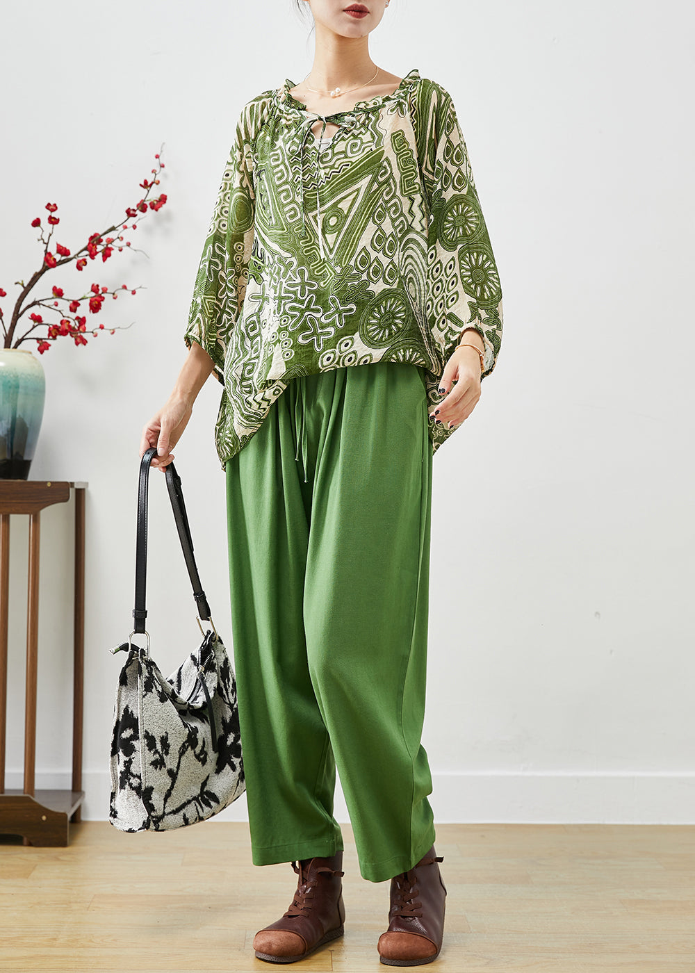 Green Ruffled Print Linen Two-piece Set Fall