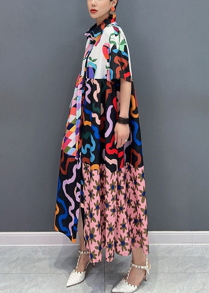 Photo Color Button Print Pockets Cotton Shirt Dress Summer