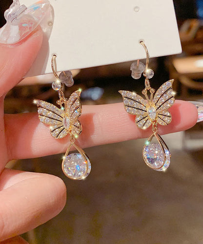 Gold Alloy Zircon Crystal Butterfly Water Drop Drop Earrings