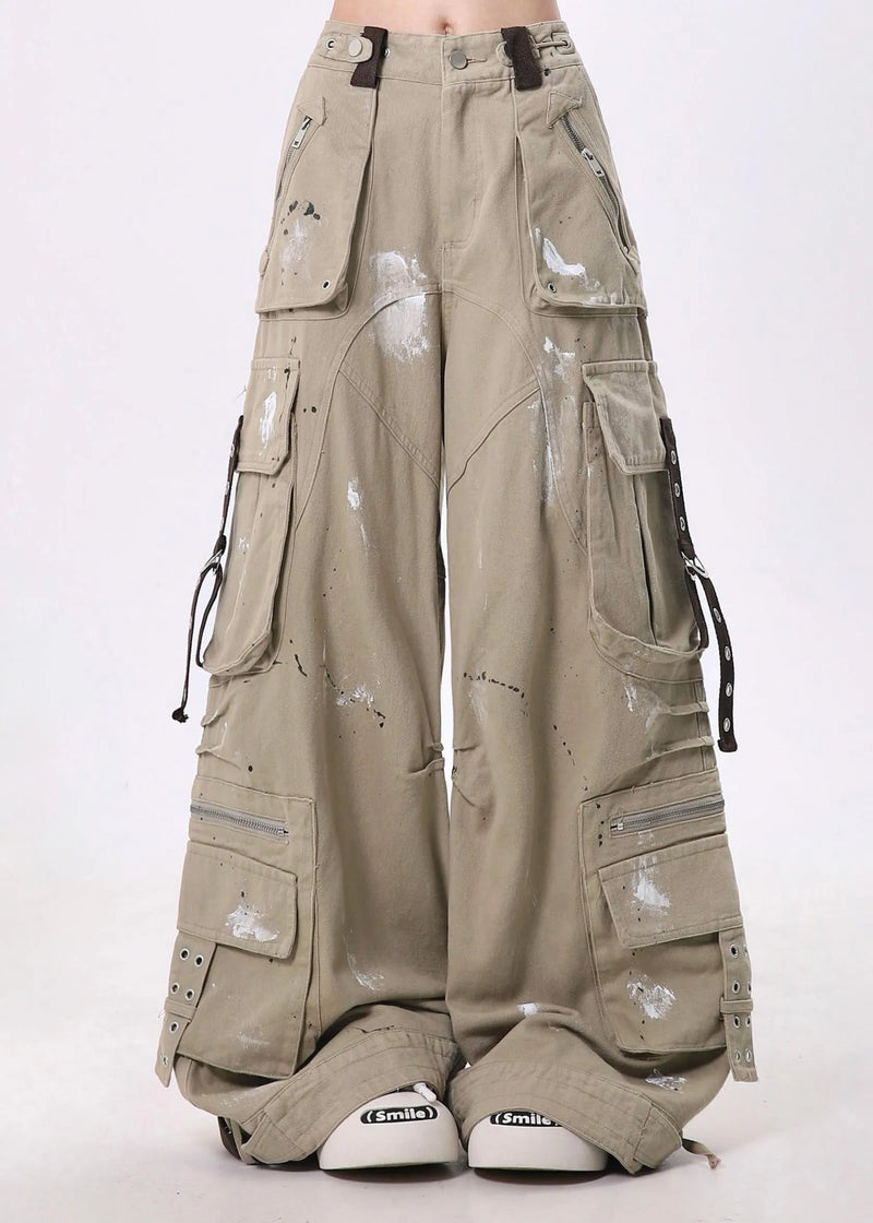 Italian Khaki Oversized Pockets Cotton Wide Leg Pants Fall