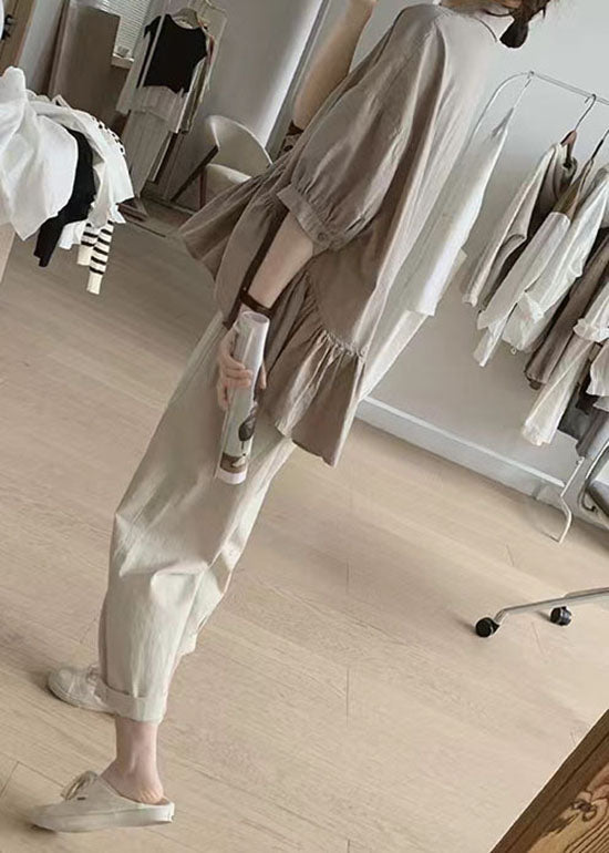 Khaki Peter Pan Collar Asymmetrical Wrinkled Cotton Shirt Summer