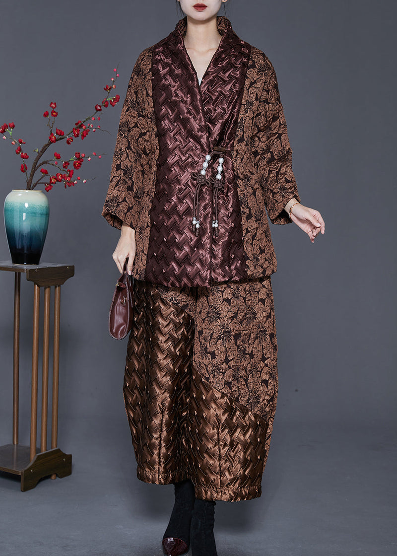 Khaki Tasseled Patchwork Jacquard Fine Cotton Filled Two Pieces Set Spring