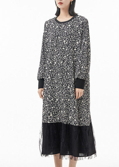 Black O-neck Print Tulle Patchwork Silk Party Dress Spring
