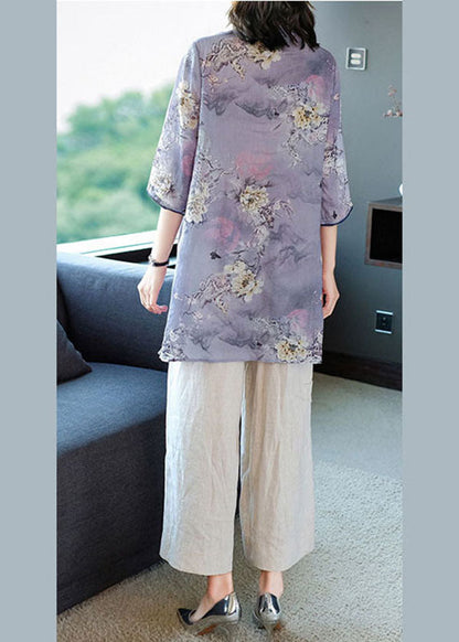 Purple Stand Collar Print Linen Long Shirt Ang Pant Two Piece Set Summer