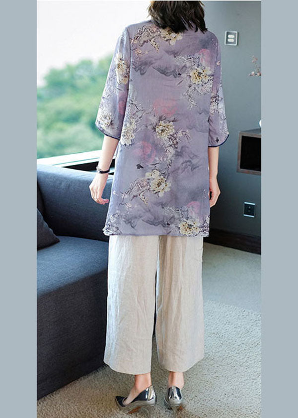 Purple Stand Collar Print Linen Long Shirt Ang Pant Two Piece Set Summer