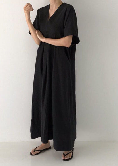 Black V Neck Oversized Linen Long Dress Short Sleeve