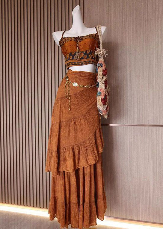 Brown Print Tank and Skirts Cotton 2 Piece Outfit Sleeveless