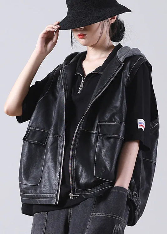 Boutique Black Patchwork Hooded Zippered Fall Pockets Blouse Tops Pu Waistcoat