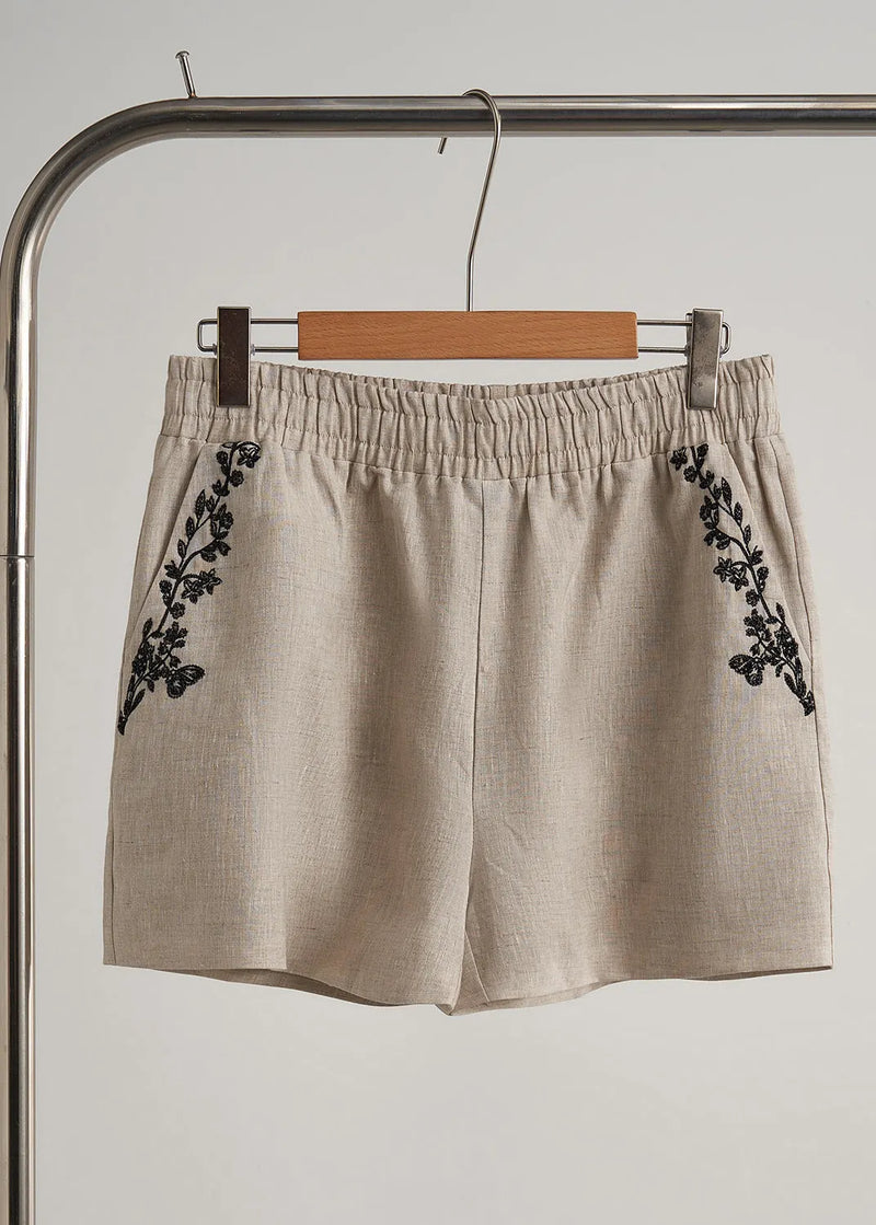 Beige Embroidered Linen Sets 2 Pieces Fall