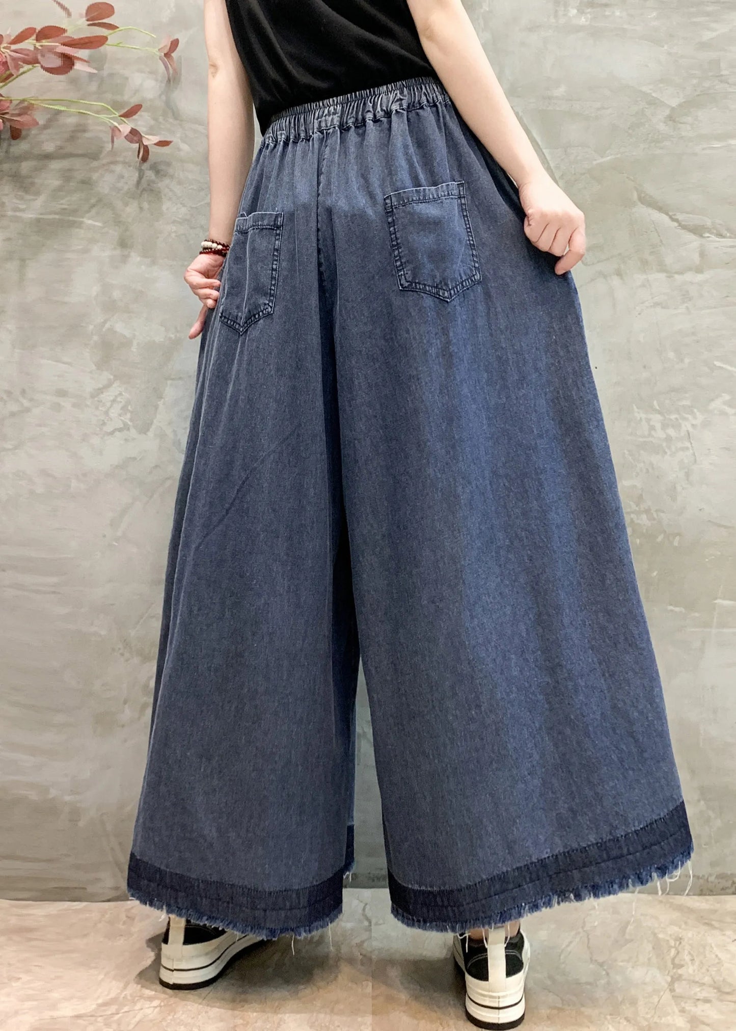 Navy Oversized Wrinkled Denim Wide Leg Pants Summer