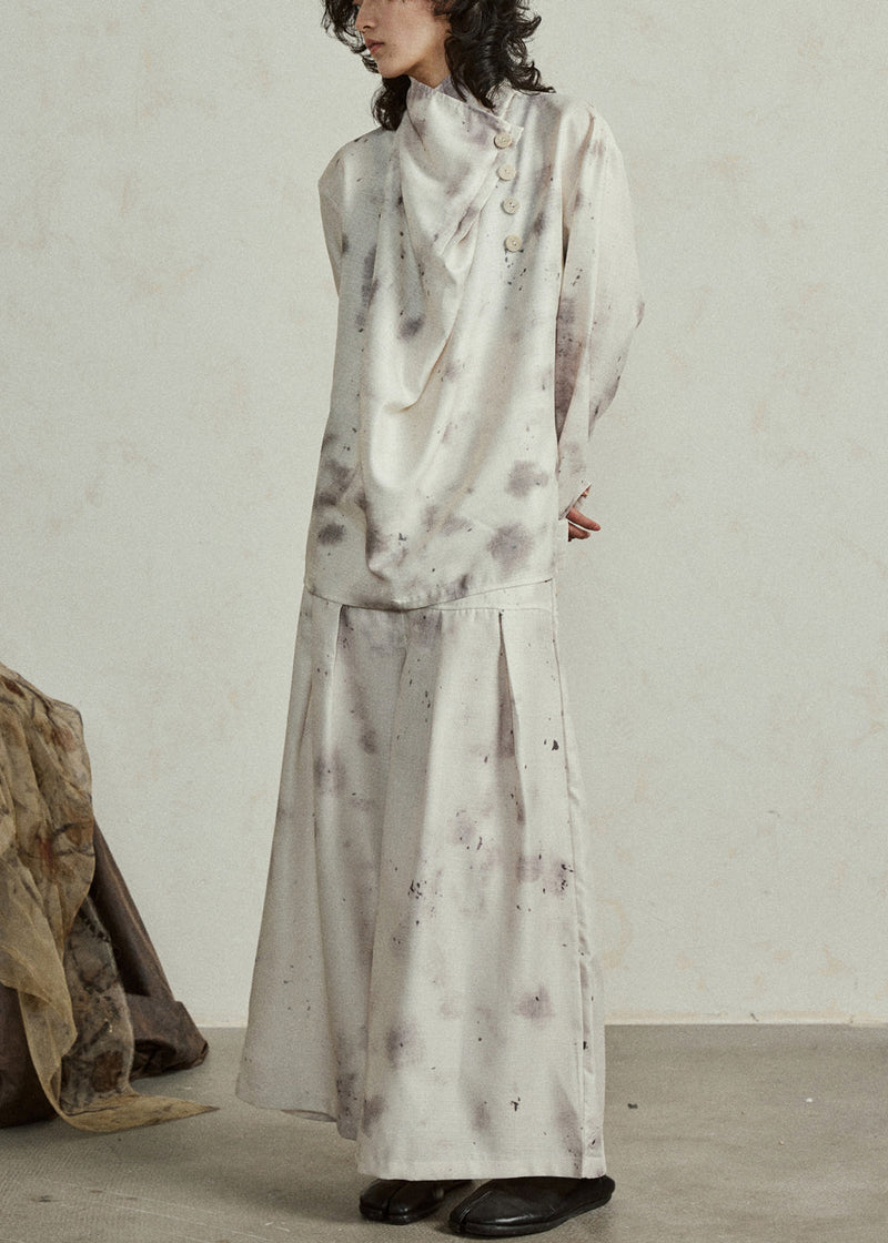 Boutique Stand Collar Tie Dye Two Pieces Set Top and Wide Leg Pants Lantern Sleeve