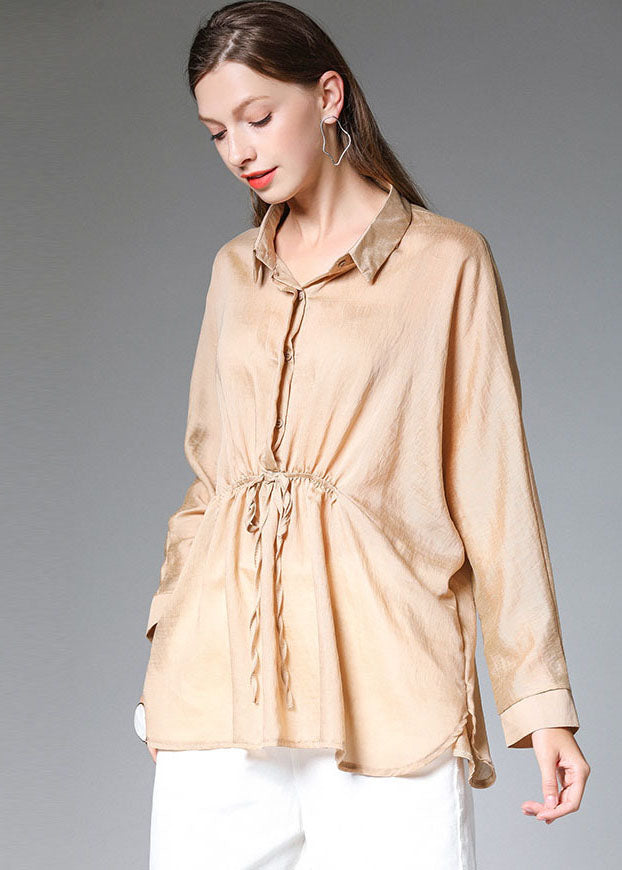 Khaki Peter Pan Collar Drawstring Silk Shirt Tops Long Sleeve