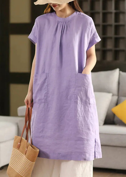 Purple Side Open Linen Dress O Neck