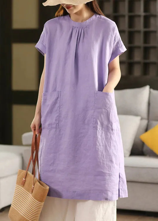 Purple Side Open Linen Dress O Neck