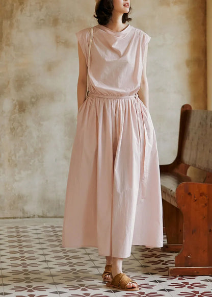 Grey Lace Up Pockets Cotton Dress Sleeveless