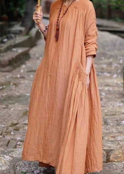 Orange V Neck Pockets Linen Long Dresses Bracelet Sleeve