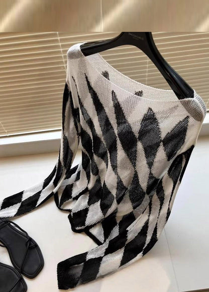 Striped Plaid Slash Neck Knit Top Fall