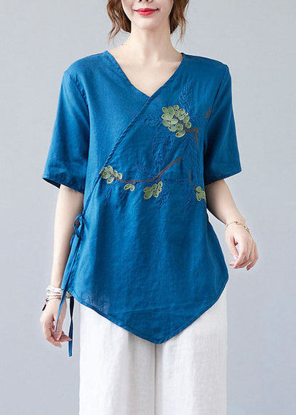 Blue Asymmetrical Shirt Tops Half Sleeve