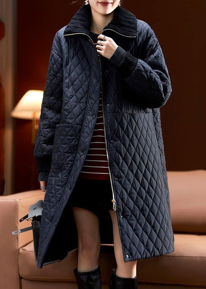Black Zip Up Pockets Cotton Filled Coats Long Sleeve