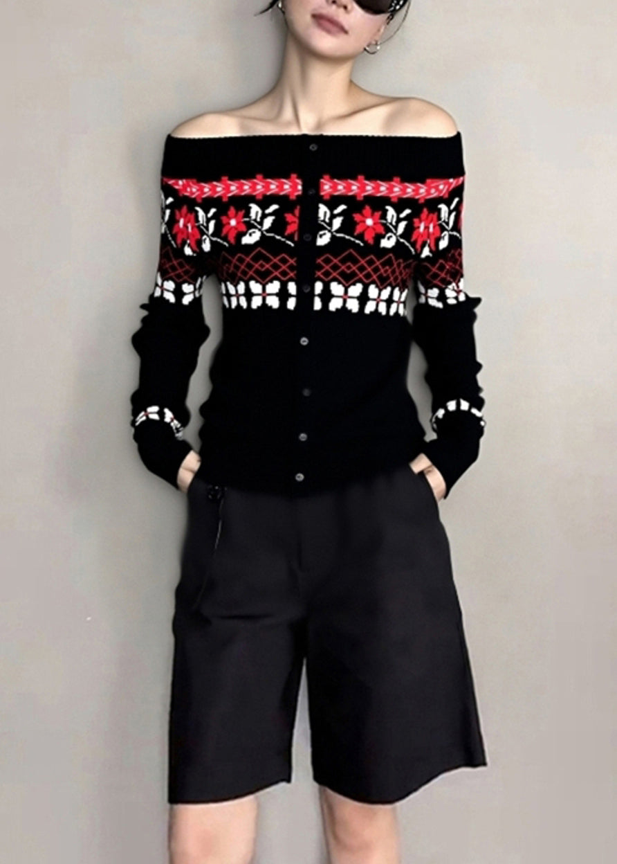 Black Cold Shoulder Jacquard Knit Tops Winter