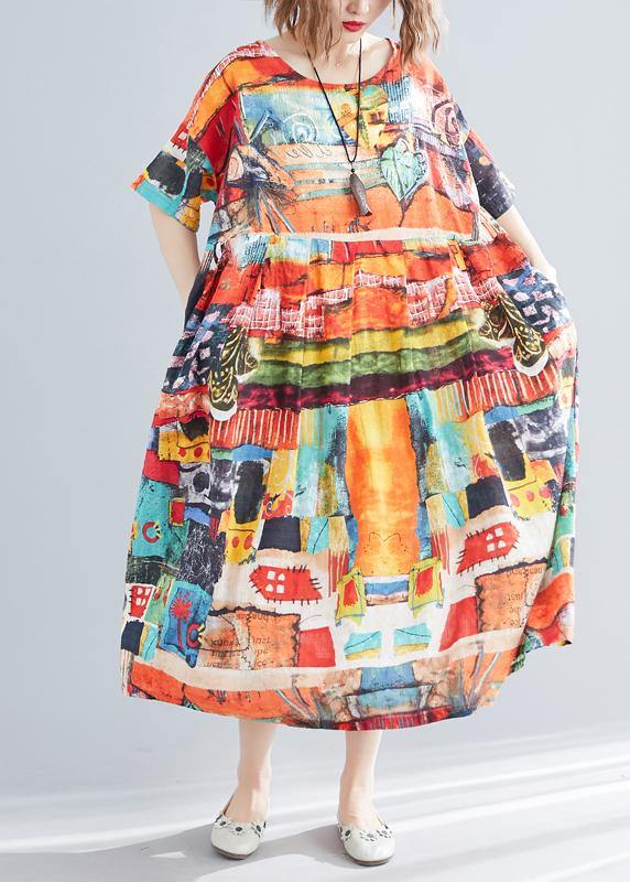 Unique Print O-neck Cotton Loose Summer Mid Dress