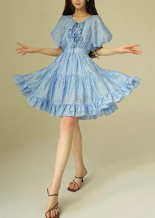 Blue Ruffled Shirts and Skirts Silk Cotton Summer Two Pieces Set Embroidered