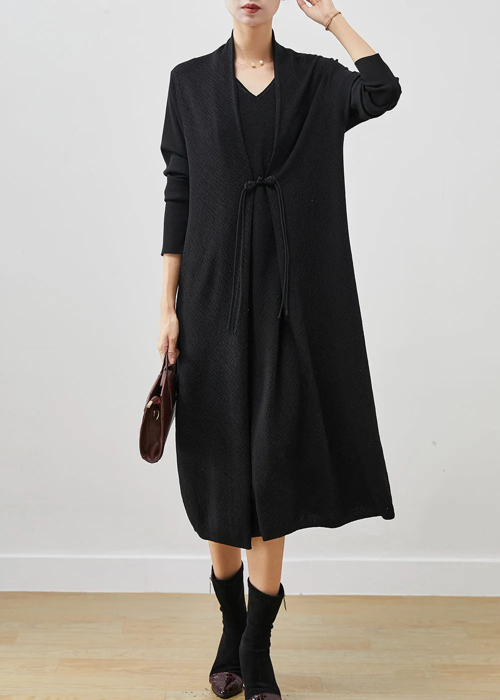 Black Patchwork Knit Fake Two Piece Dress Chinese Button Spring