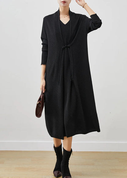 Black Patchwork Knit Fake Two Piece Dress Chinese Button Spring