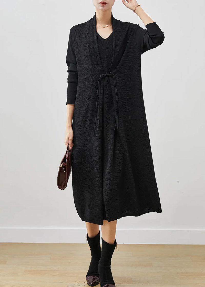 Black Patchwork Knit Fake Two Piece Dress Chinese Button Spring