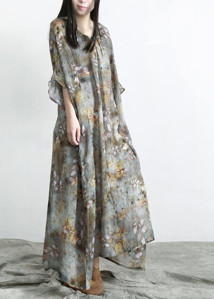 Grey Green Print Linen Pockets Summer Dresses