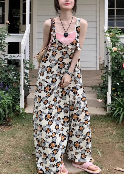 Yellow Print Cotton Sleeveless Wide Leg Jumpsuit V Neck