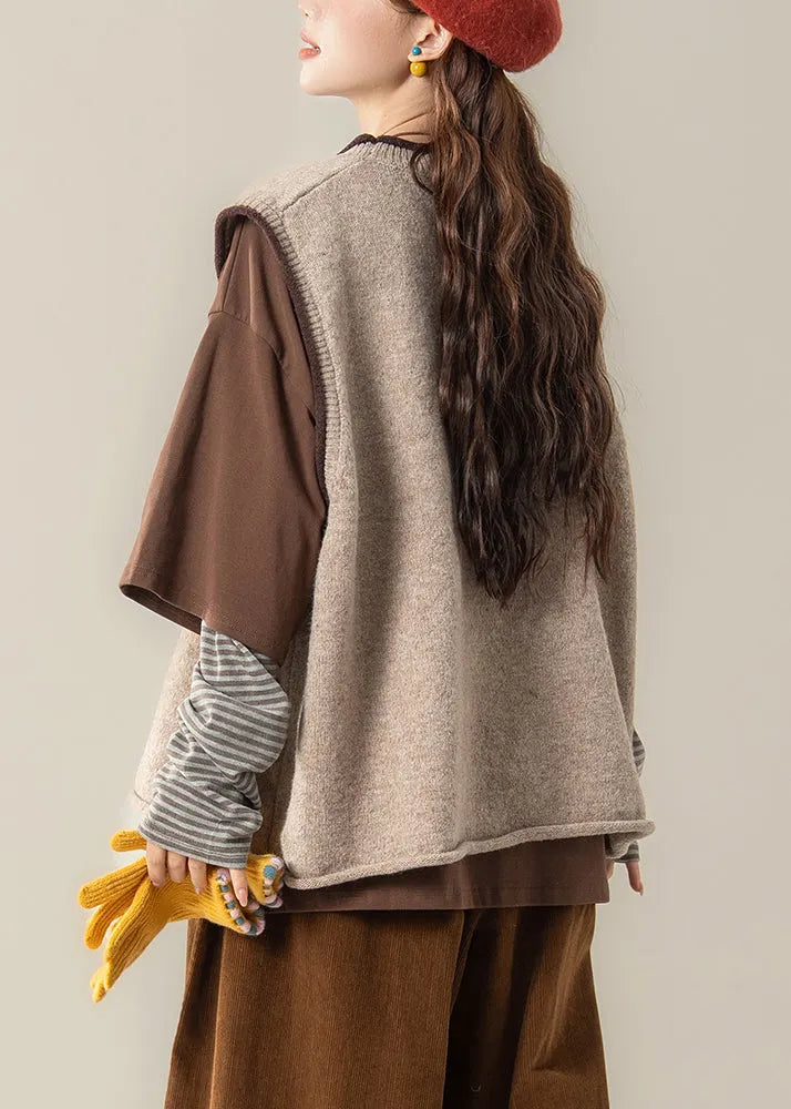 Apricot Jacquard Knit Vest and Coffee T Shirt Patchwork Two Piece Set