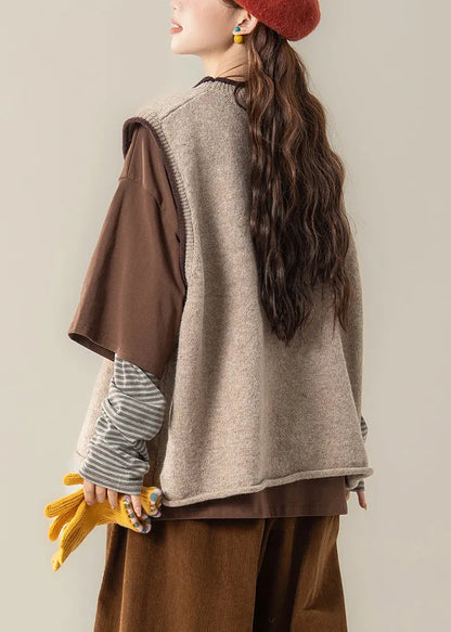 Apricot Jacquard Knit Vest and Coffee T Shirt Patchwork Two Piece Set