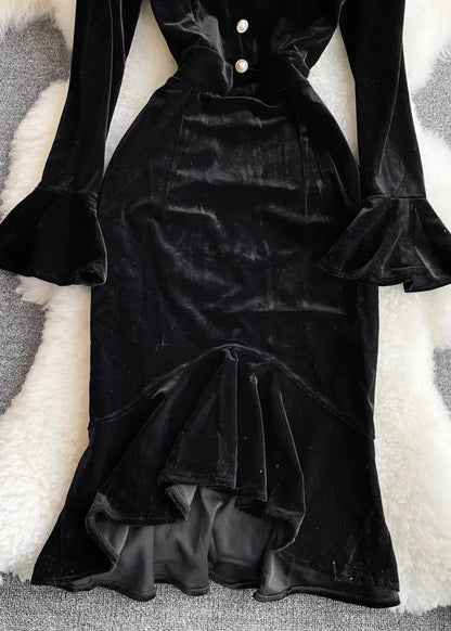 Black O-neck Tulle Patchwork Tunic Button Velour Maxi Dresses Long Sleeve