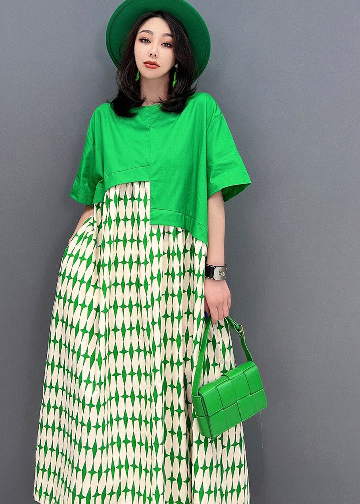 Art Green O-neck Asymmetrical Patchwork Print Dresses Short Sleeve