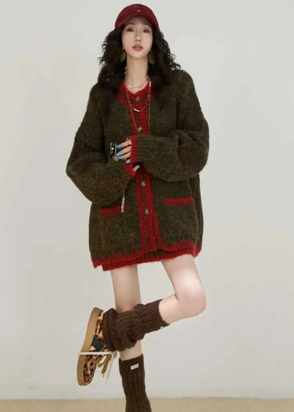 Brown Thick Pockets Knit Loose Two Pieces Set Winter