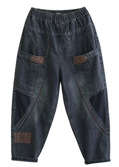 Blue Pockets Patchwork Fall Denim Pants