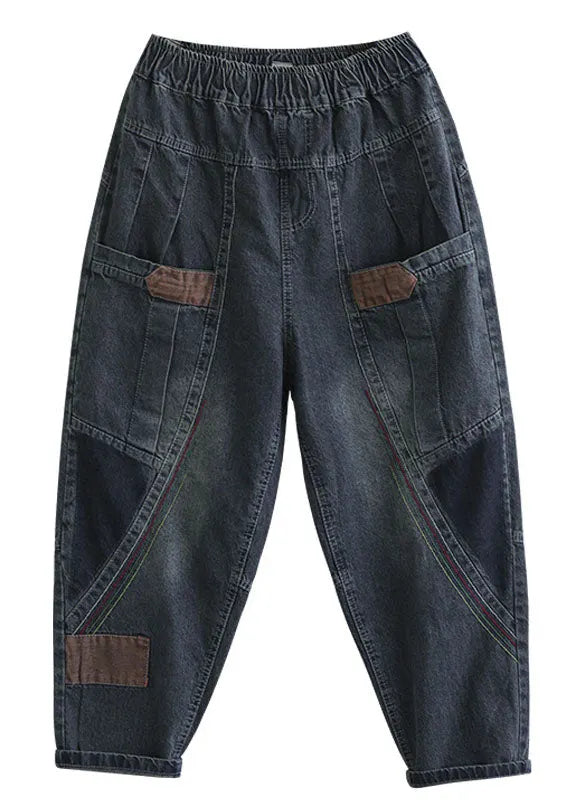 Blue Pockets Patchwork Fall Denim Pants