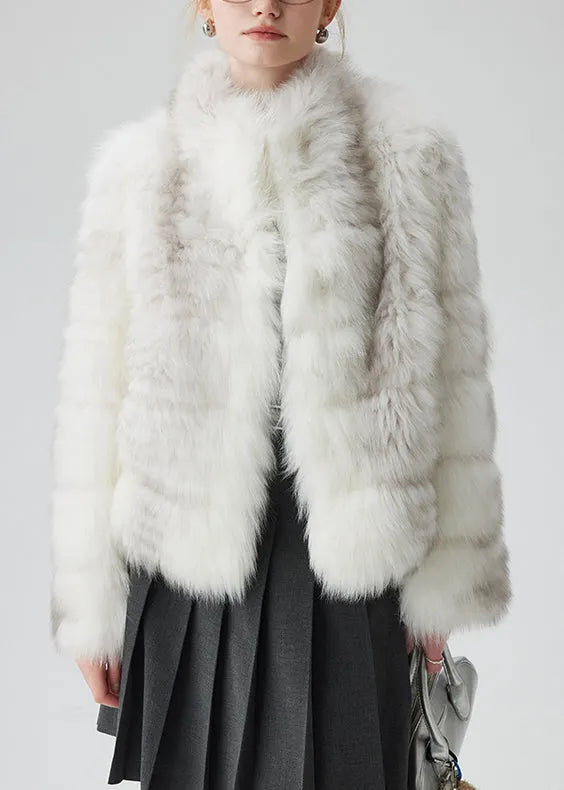 White Pockets Original Design Leather and Fur Coat Stand Collar