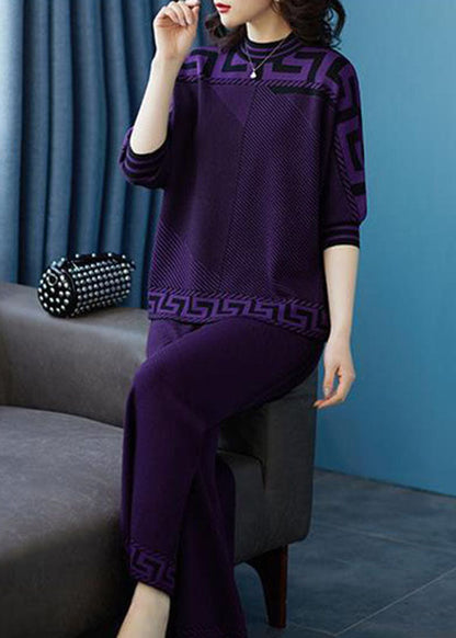 Boutique Purple O-neck Print Draping Silk Sweatshirt Two Piece Suit Set Fall