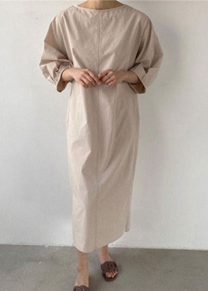 French Khaki Side Open Cotton Dress Half Sleeve