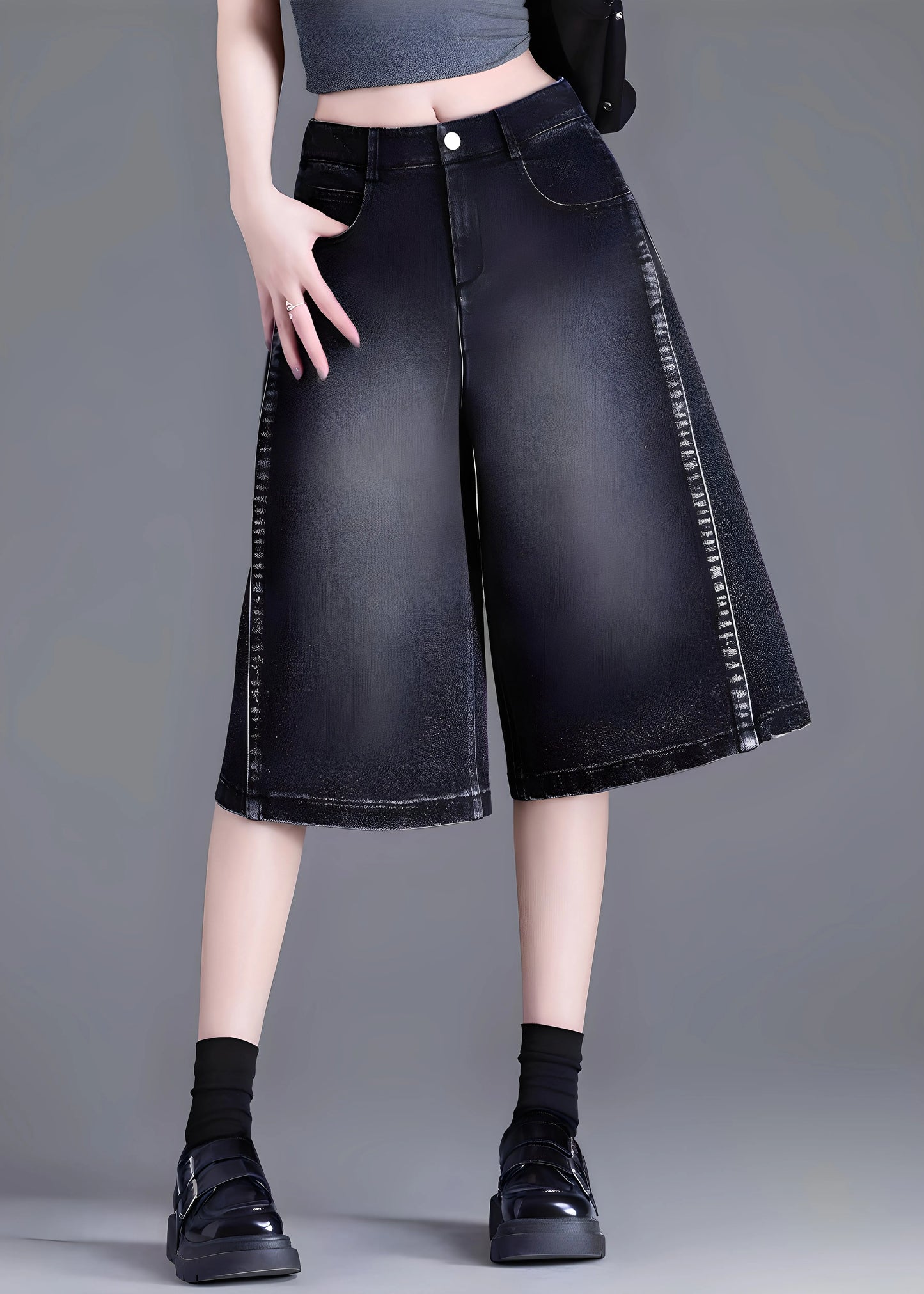 Black Pockets Patchwork Denim Crop Pants Summer