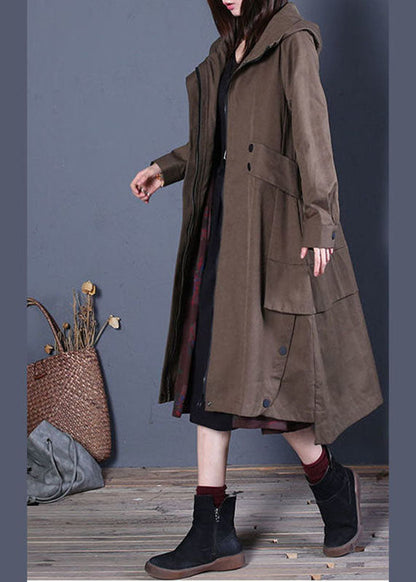 Coffee Loose Zippered Button Fall Hoodie Coat Trench Coats
