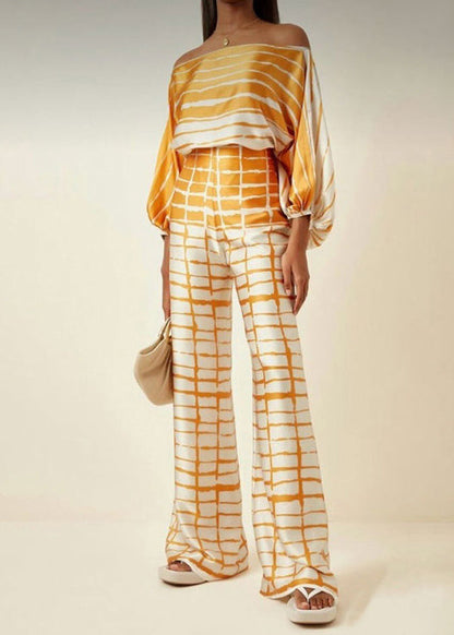 European and American Style Rose Slash Neck Print Silk Two Pieces Set Batwing Sleeve