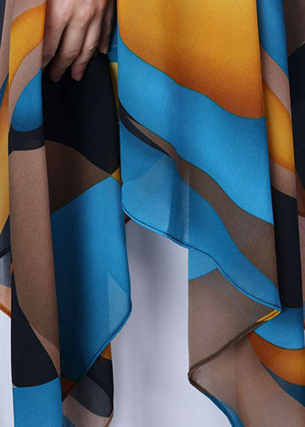 Yellow Blue Asymmetrical Design Print Chiffon Top Batwing Sleeve