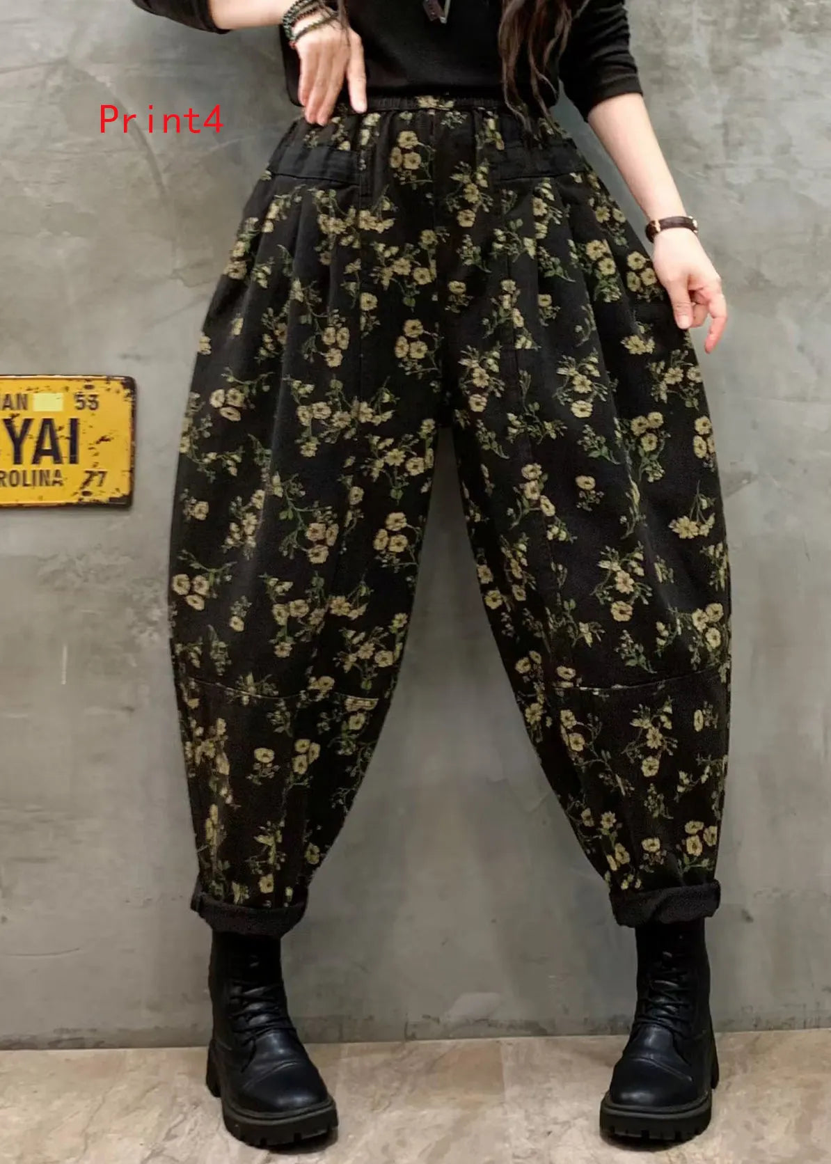 Print Elastic Waist Denim Harlan Pants Autumn