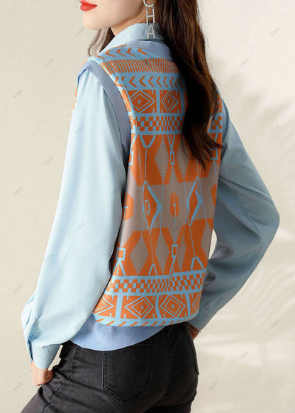Unique Blue Peterpan Collar Print Vest Tops