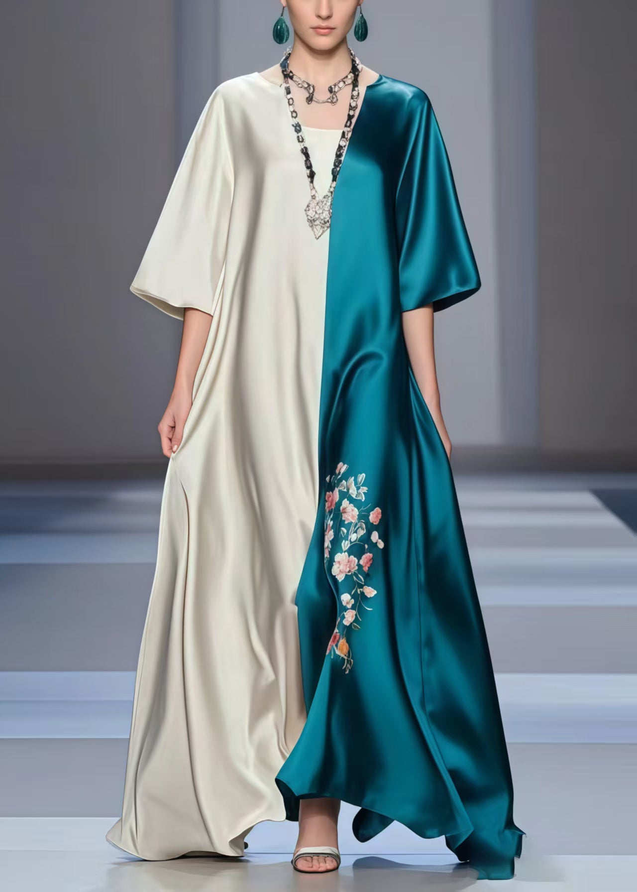 Colorblock Oversized Patchwork Silk Maxi Dresses Summer